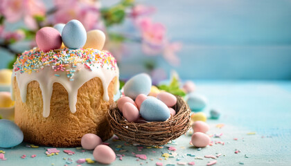Pastel Easter cake with speckled candy eggs and colorful sprinkles. Tasty springtime dessert