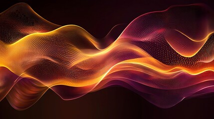 Fototapeta premium Abstract digital waves of vibrant gold and purple hues, with dotted textures, flowing over a dark background