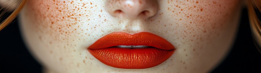 Close-up freckled face, vibrant lips