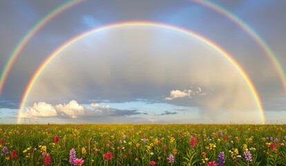 Vibrant landscape with rainbow over flower-filled field under blue sky, highlighting nature's beauty and diversity.