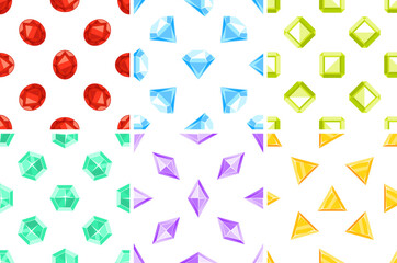 Seamless patterns with colorful gemstones sparkling on white background