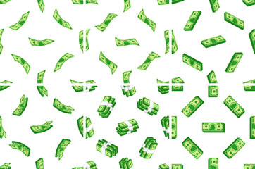Seamless pattern with falling dollar banknotes and stacks of money on white background