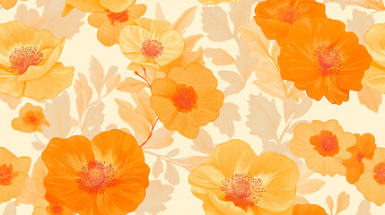 A timeless vintage floral pattern showcasing a harmonious and symmetrical arrangement of intricately stylized flowers in warm shades of orange, accented with delicate botanical details