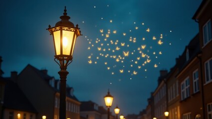 A warm, enchanting evening in a quaint town, with glowing butterflies fluttering from a lit streetlamp, casting a magical golden glow on the scene.
