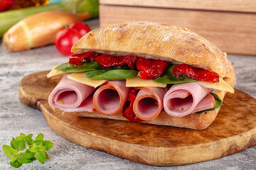 Ciabatta with mortadella, tomato, cheese and spinach