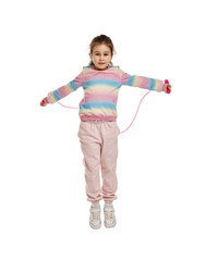 Cute little girl with jump rope on white background