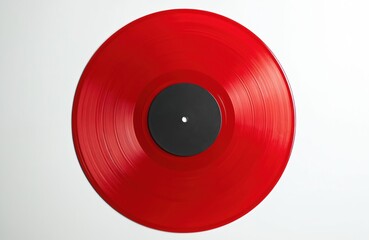Red vinyl record isolated on white background. Classic album disc with black label in center. Music technology background, retro style, audio entertainment media.
