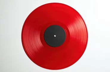 Wall murals Red vinyl record isolated on white background. Classic album disc with black label in center. Music technology background, retro style, audio entertainment media.