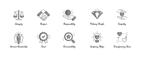Workplace Ethics and Human Values Icon Set. Integrity, Respect, Responsibility, Trust, Empathy, Leadership. Editable Stroke Icons.