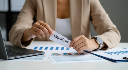 Close-up of businesswoman holding sign "Equal Pay" at desk with charts