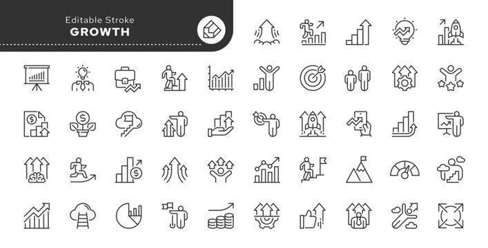 Growth line icon set. Personal growth, productivity, development, increase, improvement, career, goal achievement and more. Outline vector icon in linear style. Pictogram collection	