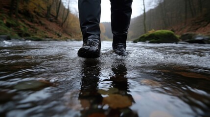 Person crossing a shallow stream.  Close-up view of legs and hiking boots in the water. Autumnal forest scenery in the background