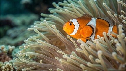 Clownfish hiding in sea anemone underwater
