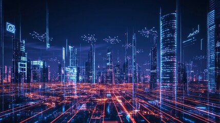 Cybernetic metropolis with interconnected data networks in a future world