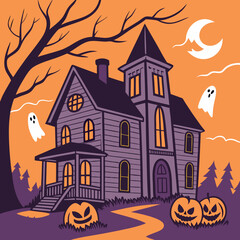 Halloween haunted house with pumpkins and ghosts