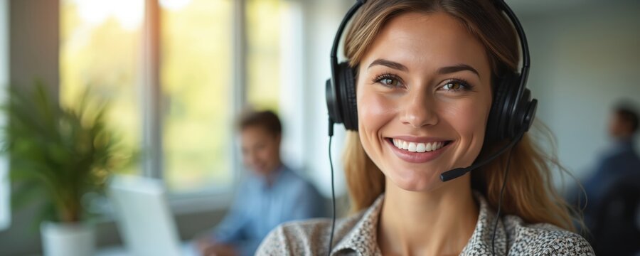 Smiling customer service rep with headset in sunlit office. Professional woman offers friendly support, assistance. Concept of business communication, tech helpdesk, call center, efficient workplace.