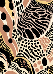 Trendy abstract animal print mix in neutral tones. Ethnic-inspired vector design with smooth shapes, perfect for fashion, decor, and accessories.