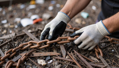 Hands in gloves picking up rusty metal chains in junkyard emphasizing recycling manual labor and reuse of industrial waste in zero waste concept