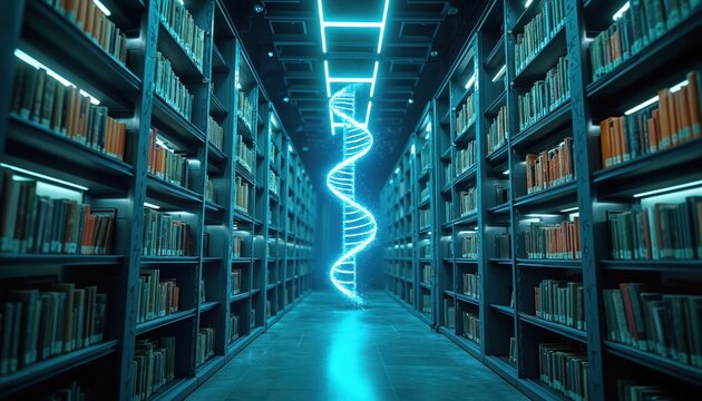 Digital library showing future data storage, massive archives with neon DNA spiral. Modern architecture, shelves full books, education. Science fiction concept of information, learning research, - Powered by Adobe