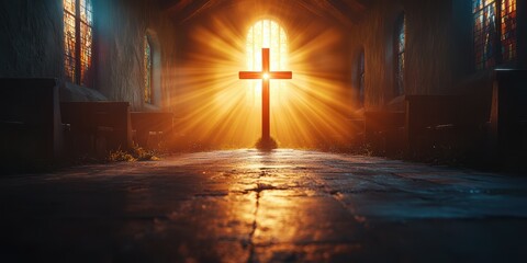 Naklejka premium Rays of light illuminate a cross in a historic church, creating a serene atmosphere during early morning hours