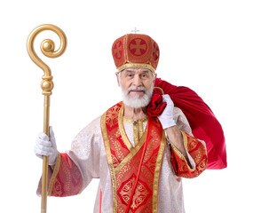 Fototapeta premium Saint Nicholas with sack on white background