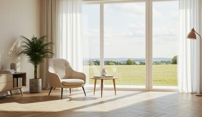 Modern living room with large windows, armchair, and indoor plant; bright, serene atmosphere with natural light.