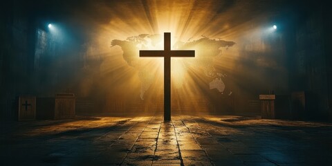Naklejka premium Spiritual cross illuminated by soft light in a dimly lit room with a world map