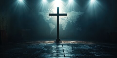 Naklejka premium Illuminated cross with world map background in a dimly lit space at night