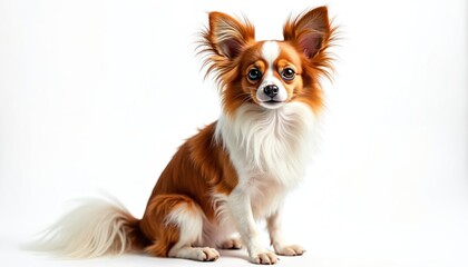 Charming Papillon dog illustration. Breed with butterfly-like ears sits on white background. Small cute pet with long fur looks at the camera. Friendly face, studio shot with brown, white colors.