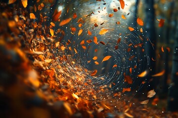 Music notes swirling in a whirlwind of autumn leaves in a vibrant forest, capturing the spirit of fall with a melodic twist