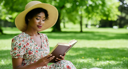 Fototapeta premium Young african female reading book outdoors in park wearing straw hat and floral dress