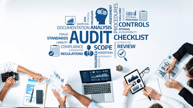 A visual representation of the audit process, showcasing key elements like analysis, documentation, and checklist in a collaborative business environment emphasizing control and compliance. Amity
