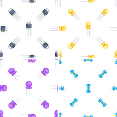 Colorful electronic components transistors, leds and resistors forming a seamless pattern