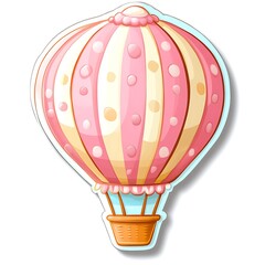 A whimsical illustration of a pink and yellow hot air balloon