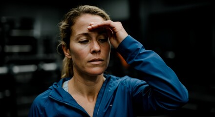 Fototapeta premium Female athlete in blue jacket resting after workout at gym