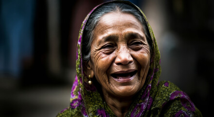 Fototapeta premium Elderly asian female smiling in a colorful scarf