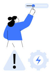 Woman interacting with slider to adjust preferences. Warning sign and gear symbol representing caution, energy, and optimization. Ideal for interface, control, energy, safety, adjustment warning