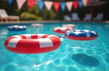 Pool with American flag decorations. Festive celebration with colorful pool floats, red white blue colors, American bunting. Summer holiday, independence day, leisure and recreational activities.