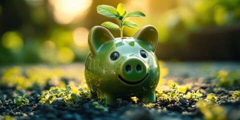 Bright green piggy bank sits among young plants in a sunlit garden, symbolizing financial growth and sustainability