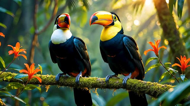 Two vibrant toucans perched on mossy tree branch in lush tropical rainforest scene