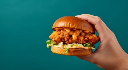 Hand holding crispy chicken sandwich with lettuce and sauce on a blue background