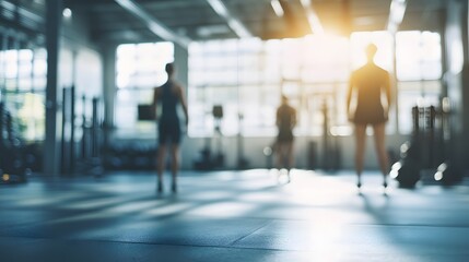 Blurred modern fitness studio with athletes in the background