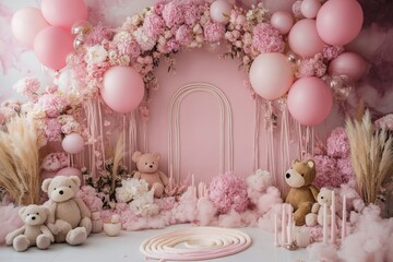 Pastel Pink Photography Backdrop with Balloon Garland and Teddy Bears