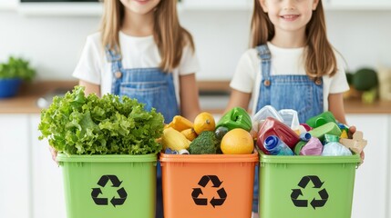 Two children hold colorful recycling bins filled with organic waste and recyclables, promoting environmental awareness and sustainability.