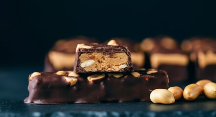 Close-up of chocolate peanut bars with peanuts on dark background
