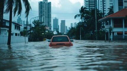 A submerged car in a flooded urban area, showcasing severe weather impact with high-rise buildings in the background.