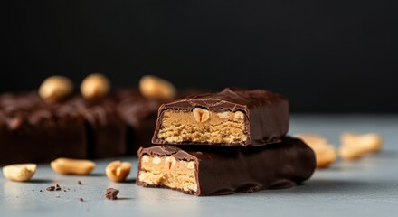 Chocolate-covered peanut butter bars with peanuts on a gray surface