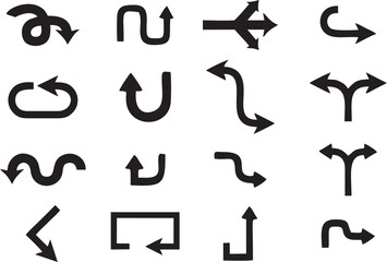 Multiple style and turn Arrow set isolated on white background. Easy to change color, size and manipulate. Traffic symbol Direction Icons Set