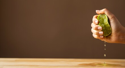 Squeezing fresh lime juice on wooden surface against brown background