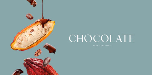 Creative layout made of chocolate, chocolate bar, chocolate beans on the blue background. Flat lay. Food concept.
